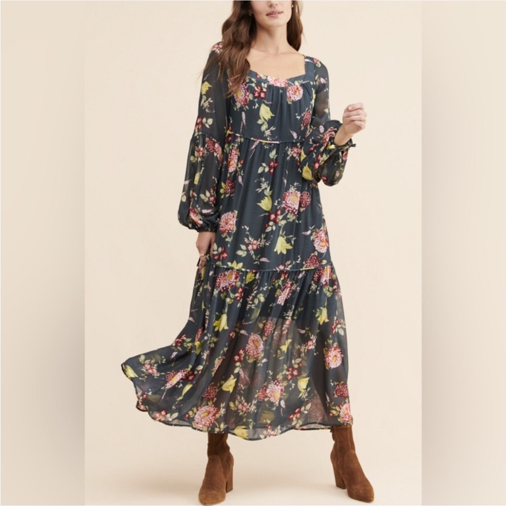 Anthropologie Evelin Floral Maxi Size XS Women Tiered Peasant Boho Long Sleeve
